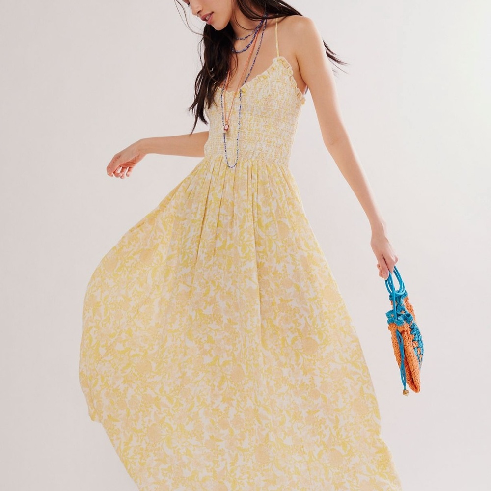 Free People Sweet Nothings Midi Dress Smocked Yellow Tan White XS